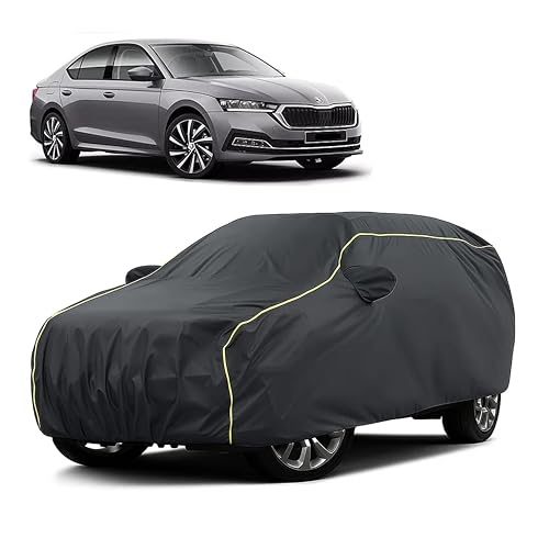 Image of Sulfar 100% Water Resistant Car Body Cover Compatible with Mirror for Skoda Octavia (Triple Stitched, Full Bottom Elastic, Dark Grey Taffeta with Yellow Piping)