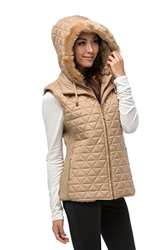 Women's Quilted Padding Faux Fur Lining Detachable Hood Vest (JZV065F)3