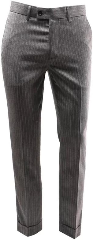 Men's Slim Grey Striped Dress Pants Stretch Casual Business Flat-Front Chino Suit Trousers