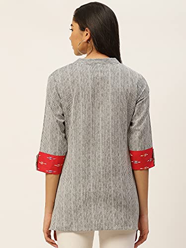 Image of FABRIC FITOOR Women's Cotton Stripes Print Mandarin Collar Readymade Casual Shirt