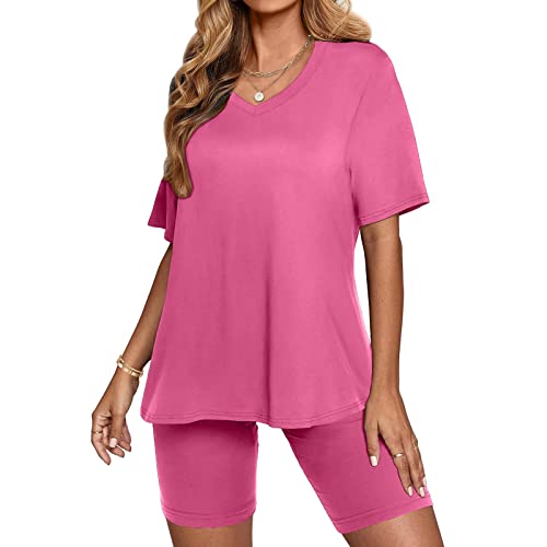 Summer Dresses For Women 2023 2 Piece Workout Sets For Women Crewneck Sleeve Top Legging Shorts Yoga Outfits 2023 Stylish Casual Comfy Workout Jogger Suits(Hot Pink-01,Medium) #TOP2