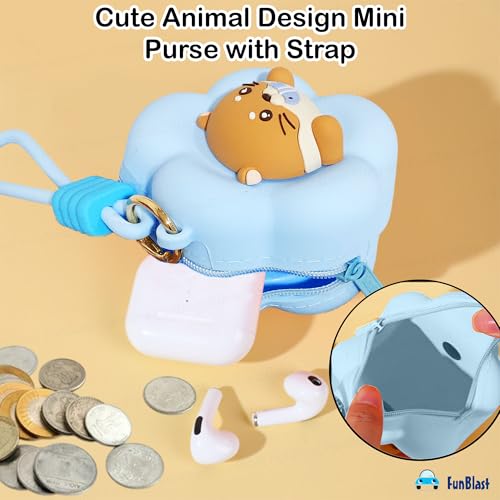 Image of FunBlast Soft Silicone Coin Pouch - Cute Animal Design Mini Purse with Strap, Multipurpose Silicone Pouch, Small Zipper Wallet for Kids & Girls, Kawaii Coin Bag - 9 X 9 X 6.5 cm (Blue)