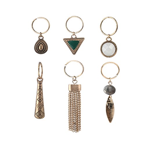 Fettero Hair Pierced Braid Ring Set Loops Clips Vintage Pendant Dangle Headband Accessories Unisex Natural Stone Inlay Carved Tassel Water Drop Gold