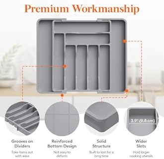 Lifewit Extendable Cutlery Drawer Organiser, Adjustable Cutlery Tray, Utensil Holder for Forks, Spoons, Knives, Plastic Kitchen Organiser and Storage, 9 Compartment, 30-50 x 38cm, Grey