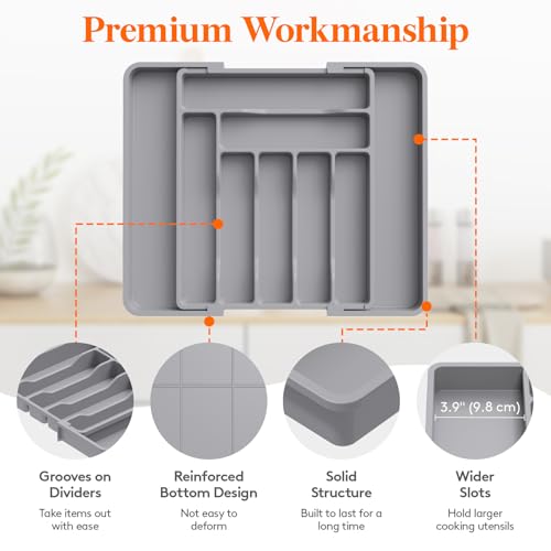 Lifewit Extendable Cutlery Drawer Organiser, Adjustable Cutlery Tray, Utensil Holder for Forks, Spoons, Knives, Plastic Kitchen Organiser and Storage, 9 Compartment, 30-50 x 38cm, Grey
