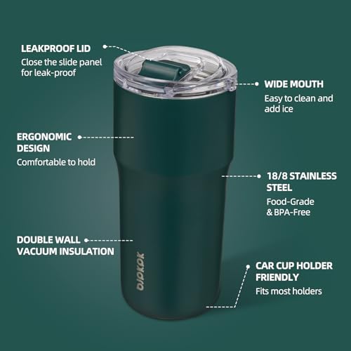 Image of BJPKPK 20oz Spill Proof Coffee Tumbler, Insulated Stainless Steel Cup | Double Wall Vacuum, Leakproof Lid, Keeps Hot /Cold /Iced, BPA Free, Dishwasher Safe, Cupholder, Travel, Dark Green