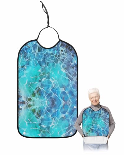 LEOKOTI Blue Waterwave Adult Bibs for Eating, Waterproof Bibs with Food Catcher & Adjustable Snap Closure, Summer Beach Coastal Nautical Washable Clothing Protectors Adult Bibs for Elderly Women/Men