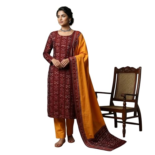 Image of Women's Stylish Embroidered Ikat Cotton Suit Material with Dupatta