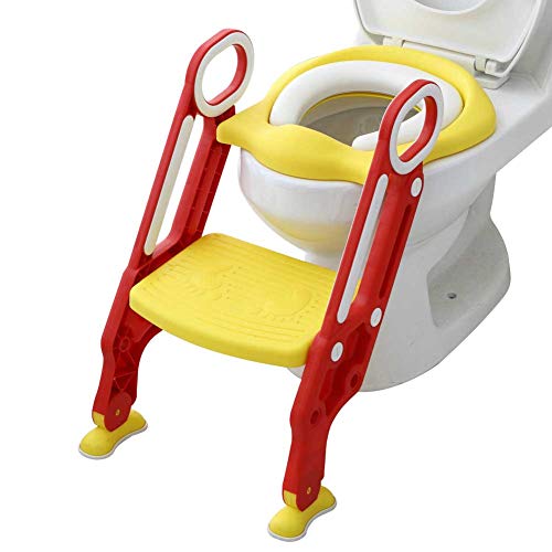 Mangohood Potty Training Toilet Seat with Step Stool Ladder for Boys and Girls Baby Toddler Kid Children Toilet Training Seat Chair with Handles Padded Seat Non-Slip Wide Step (Red Yellow)