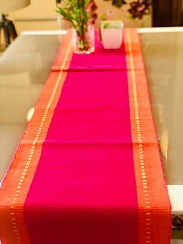 Image of RANGBHAR 6 Seater Dinning Table Runner, Ribbed Cotton Rectangular Shape Runner, 12 X 72 Inches, Washable And Double Sided, Pink Orange