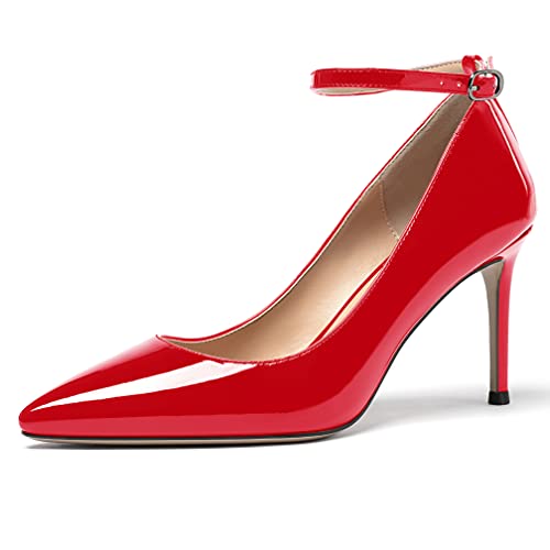 WAYDERNS Women's Patent Leather Solid Ankle Strap Pointed Toe Strappy Buckle Stiletto High Heel Pumps Shoes 3.5 Inch