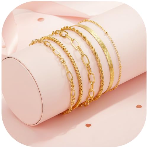 CNURO 6Pcs Gold Bracelets for Women, 14K Gold Jewelry for Women, Stackable Paperclip Chain Cuban Link, Fashion Accessories Birthday Gifts for Women