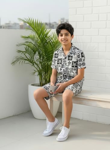 Image of Ninos Dreams Boys Cotton Rayon Halfsleeves Coord Set with Shirt & Shorts /Boys Vacation wear /boys co ord set /Boys Tropical print Shirt & Shorts set /Boys Clothing Set