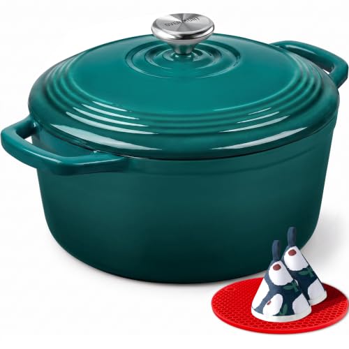 Overmont Enameled Cast Iron Dutch Oven - 5.5QT Pot with Lid Cookbook & Cotton Potholders - Heavy-Duty Cookware for Braising, Stews, Roasting, Sourdough Baking Bottle green