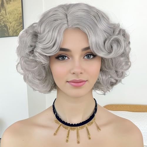 Short Big Wavy Layered Silvery Gray Curly Wigs for Women Cosplay Natural