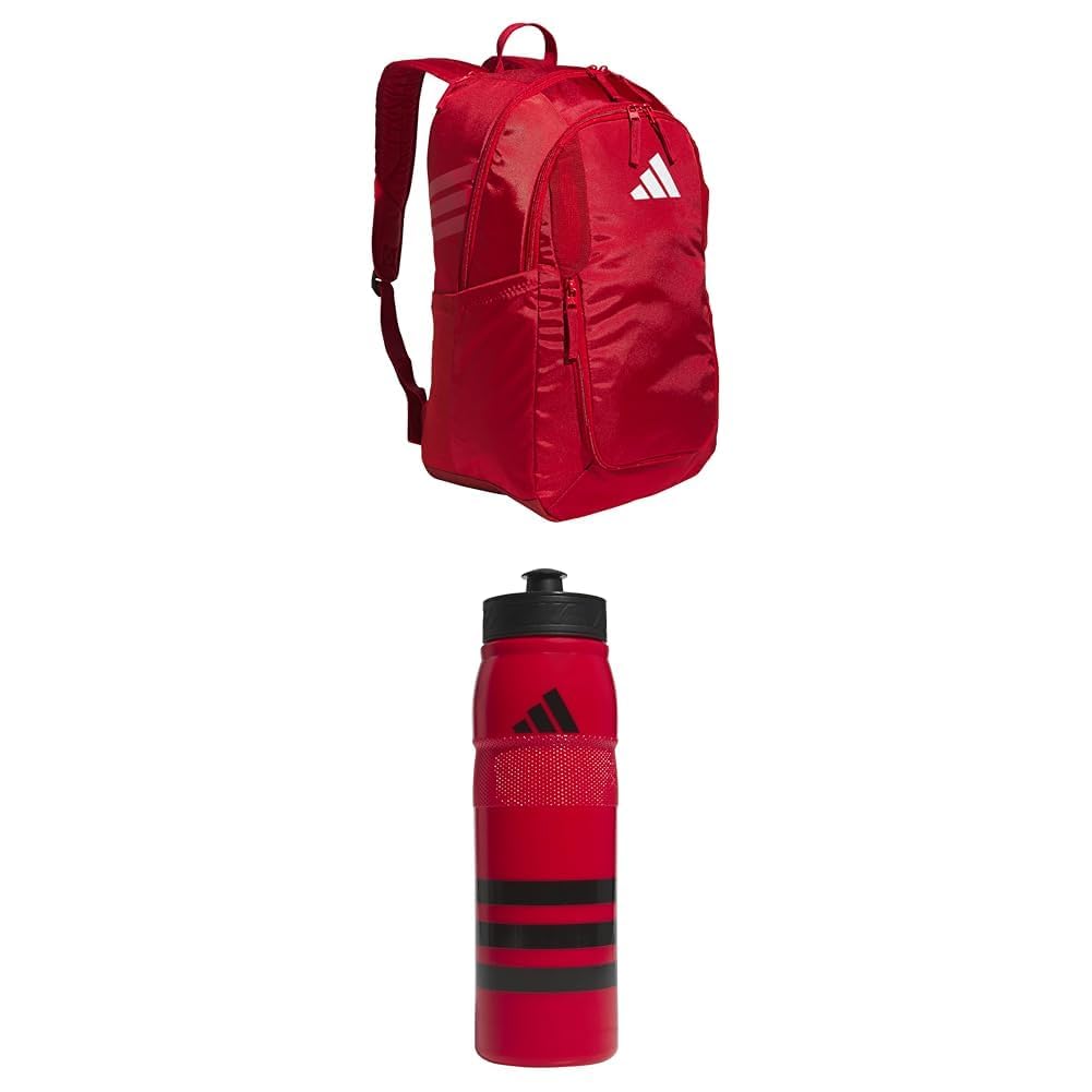 adidas Stadium Team Sports Backpack (36L) + 750 ml (28 oz) Refillable Plastic Sport Water Bottle, Power Red/White + Red/Black/Black, One Size