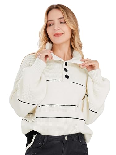 Image of CHARTOU Women's Waffle Knit Knitwear Slouchy Striped Polo Collared Long Sleeve Pullover Sweater Tops