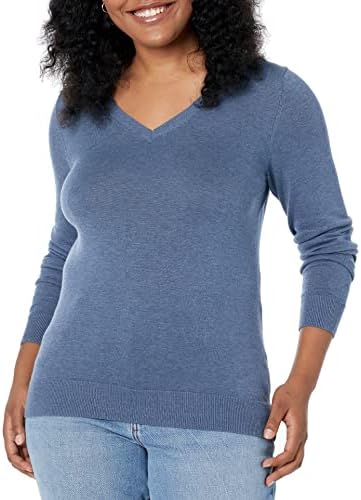 Amazon Essentials Women's Classic-Fit Lightweight Long-Sleeve V-Neck Sweater (Available in Plus Size), Blue Heather, Medium