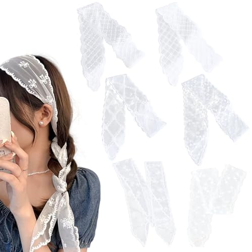 6 Pcs Long Narrow Lace Hair Scarf, French White Lace Headband Scarf, Elegant Neck Kerchief, Boho Chic Bandana, Waist Sash & Handbag Accessory for Women