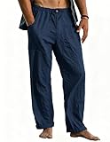 Cegerne Pantalones de Lino Hombre Largos Ligeros, Pantalón de Verano Casual con Cintura Elástica y Cordón, para Playa Vacaciones Medieval Vintage y Uso Diario, Azul Marino, XL