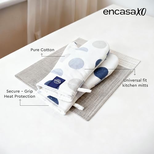 Image of Encasa XO Extra Long 18x35 cm Microwave Oven Gloves Mitts (2 pcs) for Kitchen Cooking - Blue Moon - Heat Resistant, Thick & Safe, Protection of Hands from Hot Utensils, Gas Flame, Grill, Barbecue