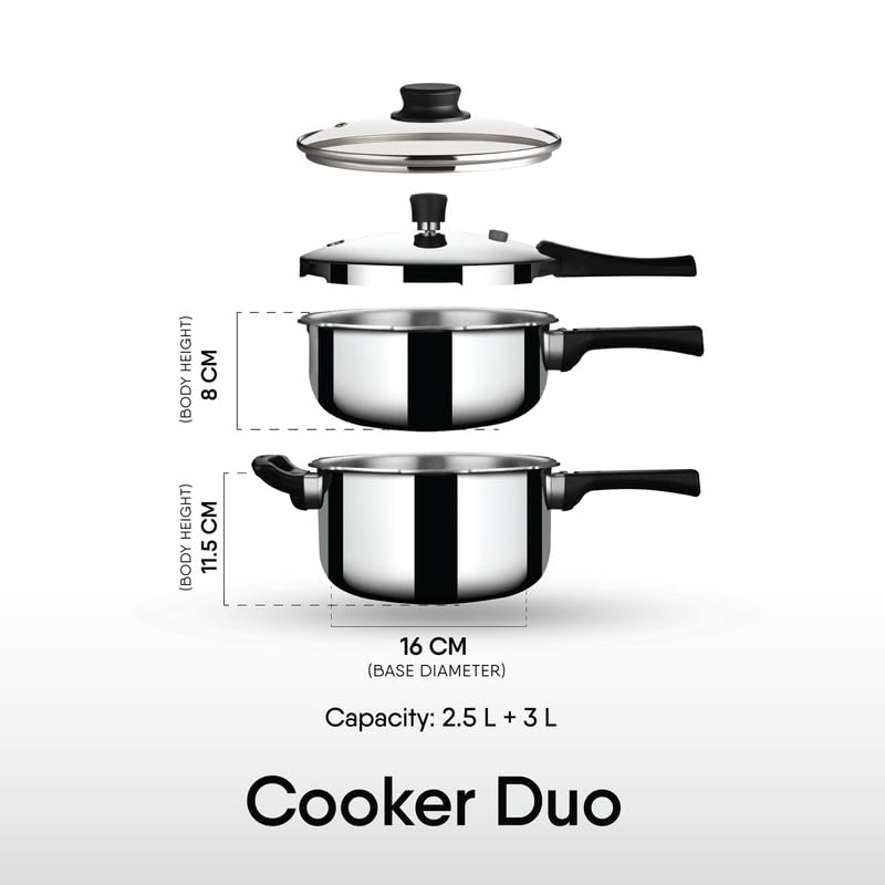 Image of Stahl Xpress Triply 2.5 Liters Broad & 3 Liters Tall Pressure Cooker Combo | Stainless Steel Outer Lid Induction and Gas Stove Compatible | 5 Years Warranty