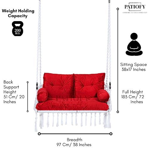 Image of Patiofy Premium White Double Seater Hanging Swing / 2 Seater Swing for Balcony /Double Seater Swing Chair /Swing for Adults for Home for 2 People /Jhula with Red Full Body Sitting Cushion & Hanging Kit