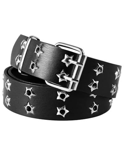ZEXIJOW Damen Jeansgürtel Mantelgürtel Hohlnietengürtel Zweireihige Sternlöcher Stabile Eckige Schnalle mit 2 Stiften Punk Style Cosplay Gürtel Hip Hop Gürtel Rock für Oder Gothic-Outfits