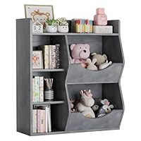 SunnyFurn Kids 3-Tier Toy Storage Organizer Kids Bookshelf Double Side Gray- 5 Compartment Bookshelf & Toy Shelf for Bedroom, Living Room, and Kindergarten