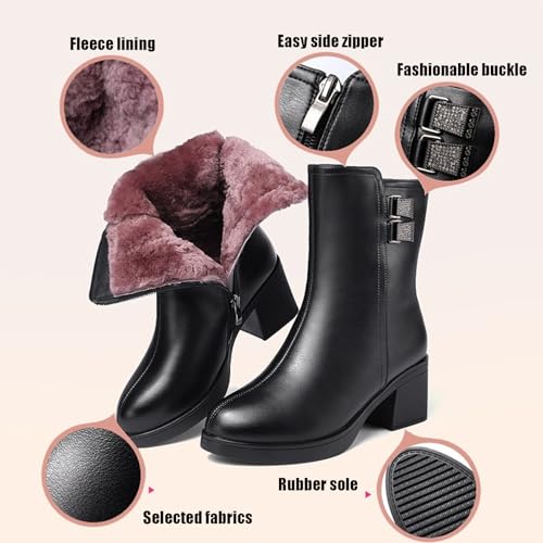Women's Leather Soft Sole Chunky Heel Booties with Buckle Decor Round Toe Side Zipper Mid Block Heel Office Business Dress Ankle Boots3
