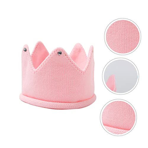 SUPVOX Warm Knitted Crown Hat Pink with Rhinestones Lightweight Windproof Headband for Boys Birthday Autumn Winter Family Travel School3