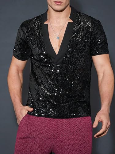 WDIRARA Men's Contrast Sequin Deep V Neck Top Short Sleeve Solid Party Tee Shirt3