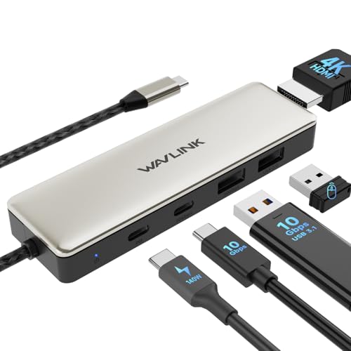 USB C 3.2 Hub HDMI, WAVLINK 10Gbps USB C a HDMI Adaptador con 125 W de carga PD, 4K60Hz HDMI, 10G USB 3.2 A/C, USB 2.0 para MacBook Air/Pro, iPad, Samsung, Lenovo, Dell, HP, Acer, Chromebook, Surface