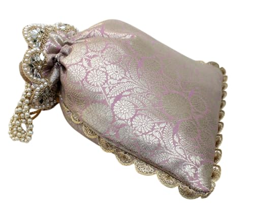 Image of MILAN'S CREATION Pure Banarasi Potli Silk Brocade Bag Purse Drawstring Women's handbag with Pearl Handle & Tassel Weddings