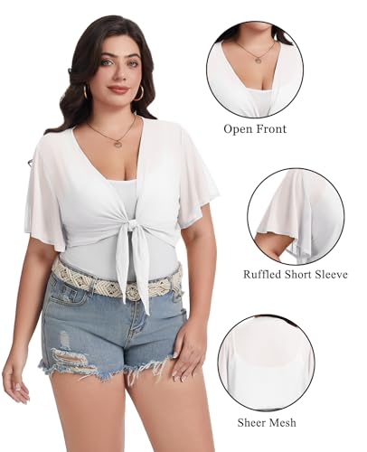 Image of Women Crop Cardigan Sheer Mesh Bolero Shrugs for Dresses Plus Size Tie Front Cardigans Ruffled Short Sleeve Tops