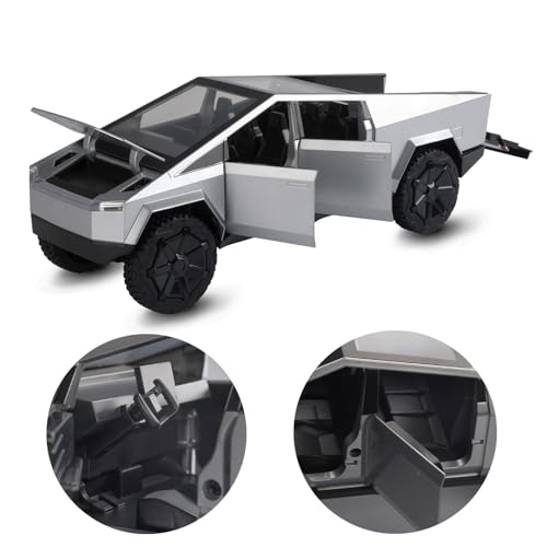 Image of SASBSC Toy Pickup Trucks Cybertruck Model 1 /24 Diecast Metal Car (Silver) Toy Trucks For Boys Age 4-7 With Sound&Light (Silver)