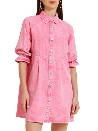 Allegra K Women's Denim Dress 3/4 Lantern Sleeve Babydoll Mini Jean Shirt Dresses Small Pink