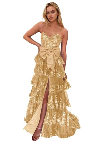 Sparkly Tiered Tulle Prom Dresses Long for Women Lace Sequin Strapless Corset Formal Gowns with Bow 2025