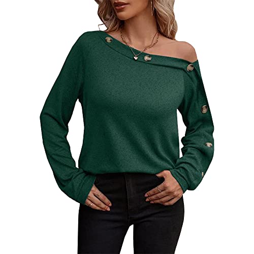 CM C&M WODRO Pullover Damen Schulterfrei Sexy Oberteile Herbst Elegant Langarmshirt Longshirt Knopf Unten Bluse Tunika Tops Winter(L,Dunkel Grün) Cover