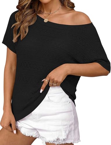 Image of Cakulo Womens Off The Shoulder Batwing Short Sleeve Crochet Tops 2026 Spring Summer Sweater Top Knit Beach Cover Up
