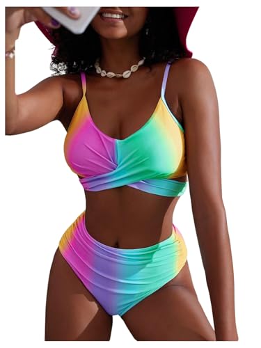 Verdusa Women's 2 Piece Tie Dye Swimsuits Y2k Ruched Wrap High Waisted Tummy Control Bikini Set