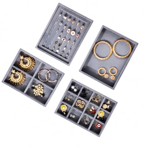 Image of La Trove Set of 4 Stackable Jewelry Organizer Trays for Drawer, Cream Grey | Stackable set of 4 velvet trays for rings, earrings, necklaces, jhumkas and bangles, ideal for drawer jewelry storage