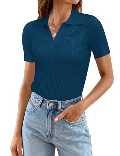 Ivicoer Spring Tops for Women Trendy Short Sleeve V Neck Womens Sweater 2026 Fashion Clothing Cotton Sweaters L Blue Green