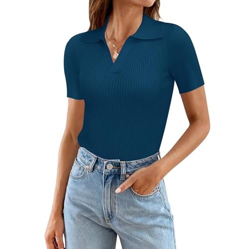 Ivicoer Womens V Neck Sweaters Dressy Casual Short Sleeve Sweater Slim Fit Lightweight Knit Tops