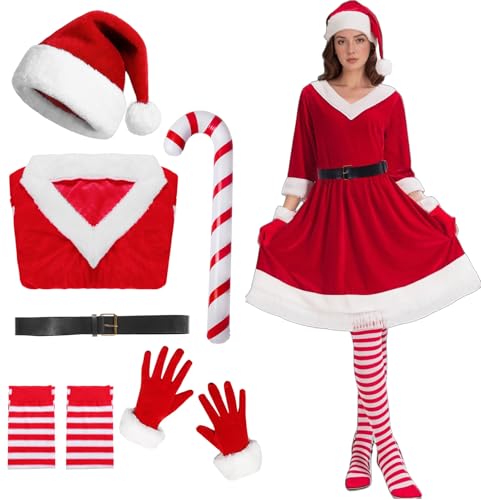 Weihnachtsfrau Kostüm Damen Weihnachtsmann Kleid Nikolaus Weihnachtsfrau Weihnachtskostüme Samt Gürtel Hut Handschuhe Party Cosplay (2XL)