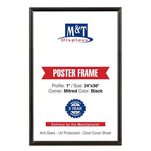 M&T Displays Portable Snap Poster Frame 40x60 Inch Black 1.77 Aluminum Profile Front Loading Wall Mounting Photo Picture Document Certificate Sign Holder Mitered Corner Anti Glare Cover