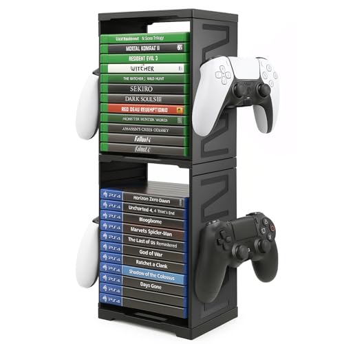 JF HOME BLISS Game Storage Tower Universal Vertical Stand Holds 24 Discs for PS5 Xbox Series X/S Switch PS4 Blu-Ray Double-Tier Organizer with Controller Hooks Space-Saving Design for Gamers