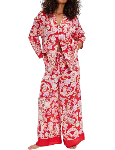 Image of Yimoon Satin Pajama Set for Women Silk Pajamas Set 2 Piece Floral Cute Pj Set Long Sleeve Pjs Sleepwear