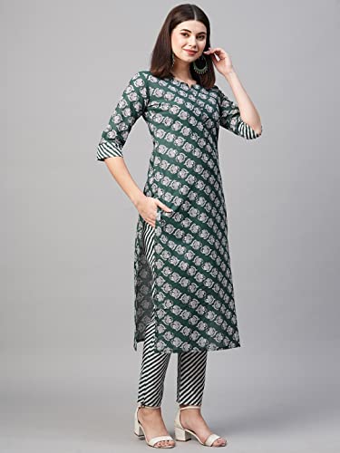 Image of GoSriKi Women's Cotton Blend Printed Straight Kurta With Pant