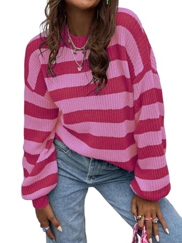 Allimy Womens Cute Sweaters Crewneck Long Sleeve Color Block Striped Cable Knit Casual Soft Lightweight Winter Fall Pullover Sweaters for Women 2025 Trendy Fashion Clothes Pink Large